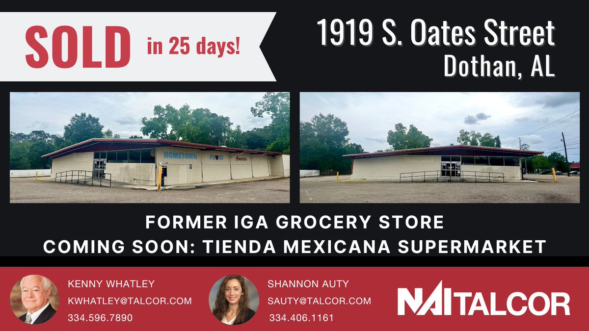 NAI_TALCOR's tweet image. Great activity in Dothan! Closed in 25 days... that's what happens when you list with THE BEST!!!

Congratulations to Kenny Whatley and Shannon Auty, who represented the seller. Be sure to contact TALCOR for all your commercial real estate needs.

#TALCOR #dothan