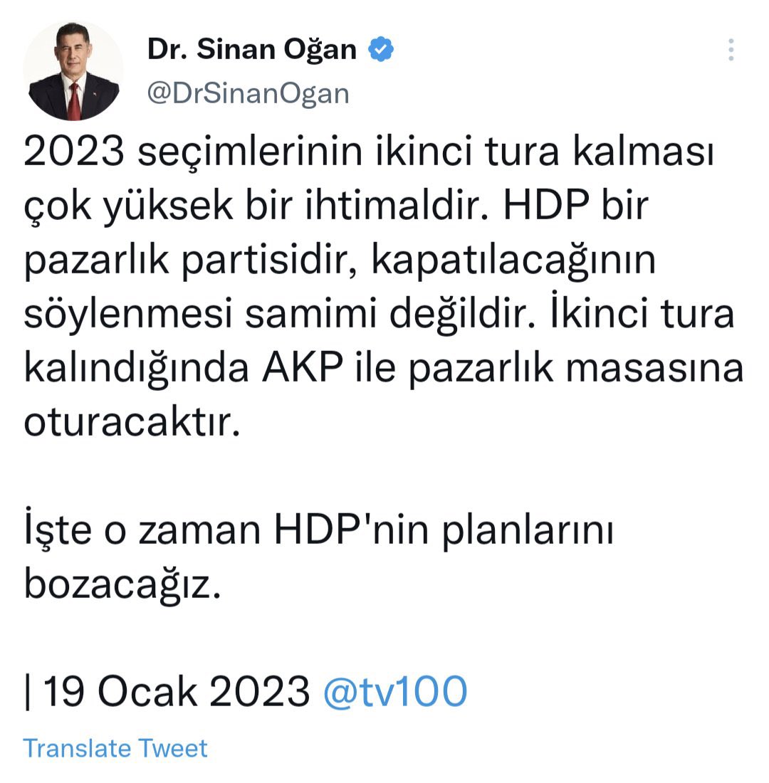 📌Sinan Oğan'ın 19 Ocak 2023 tarihli bu tweeti yeniden gündeme geldi.

''İkinci tura kalındığında HDP, AKP ile pazarlık masasına oturacaktır. İşte o zaman HDP'nin planlarını bozacağız.''