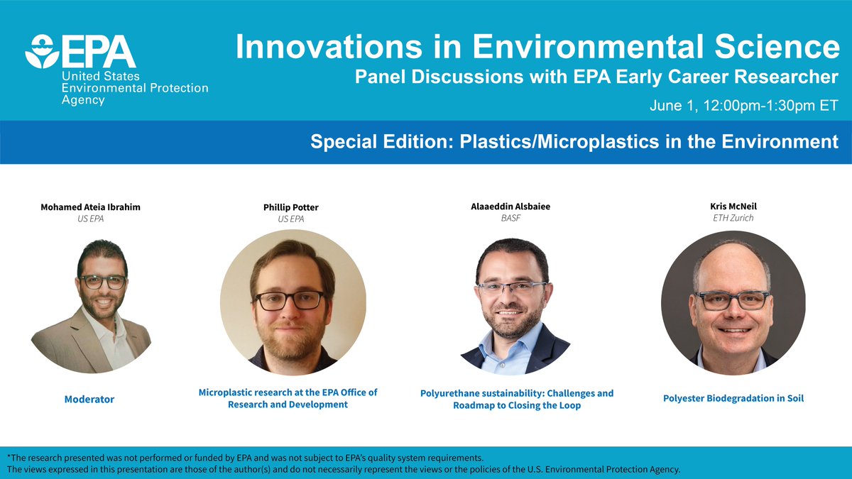 moha_ateia's tweet photo. #Plastic &amp; #Microplastics #Pollution - Special Seminar | June 1st!
.
You will hear what happens in #government, #industry, and #academic labs from three amazing speakers:
Dr. Phillip Potter, EPA-ORD
Dr. @AAlsbaiee, @BASF 
Prof. @krismcneill, @ETH_en 
Link: https://t.co/LLh1rVgbVL https://t.co/odtKZzPIaG