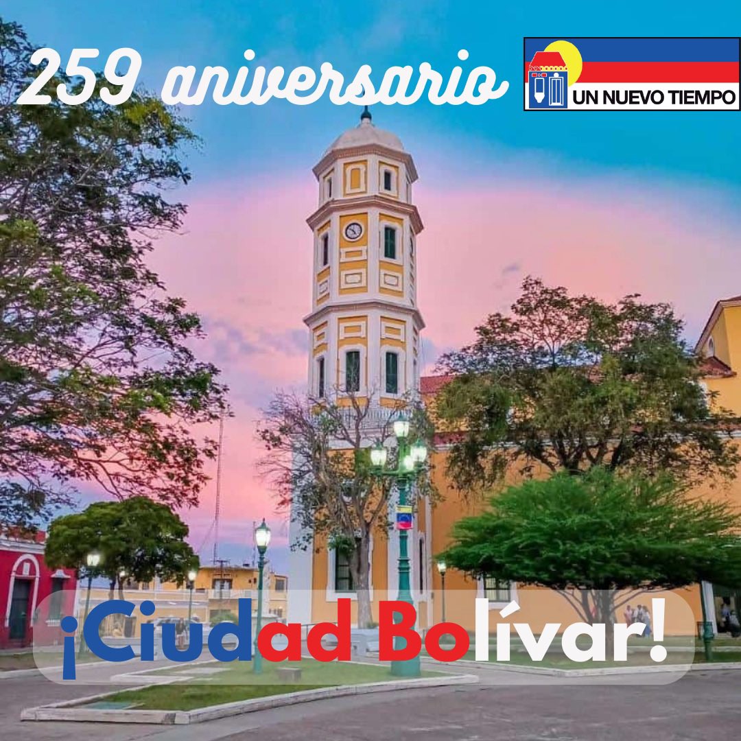 partidoUNT: RT <a href="/UNTBol/">Un Nuevo Tiempo Bolívar</a>: ¡Feliz aniversario 259 Ciudad Bolívar! Celebremos juntos el orgullo de nuestras raíces y nuestra cultura. Agradecemos por nuestras costumbres, tradiciones y lugares emblemáticos que nos remontan a nuestra historia.#CiudadBolívar25…
