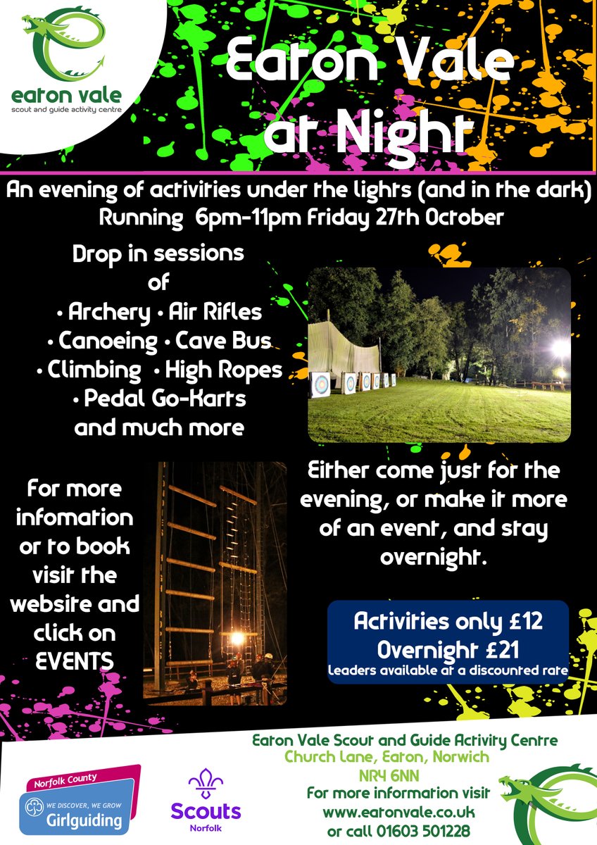 After the success of last years Eaton Vale at Night, we couldn't wait to announce it for this year. 5 hours of drop in sessions under the lights and glowsticks galore. Bookings available for the evening, or to stay overnight.