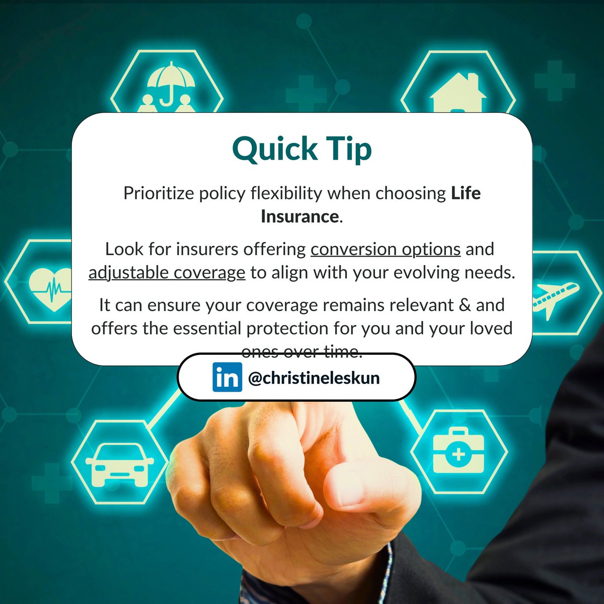 LeskunChristine's tweet image. Conversion Options: Convert term insurance policy into a permanent insurance policy without undergoing medical underwriting.

Adjustable Coverage: Flexibility to modify coverage amount as financial circumstances evolve.
 
#lifeinsurance #PolicyFlexibility #LifeInsuranceOptions