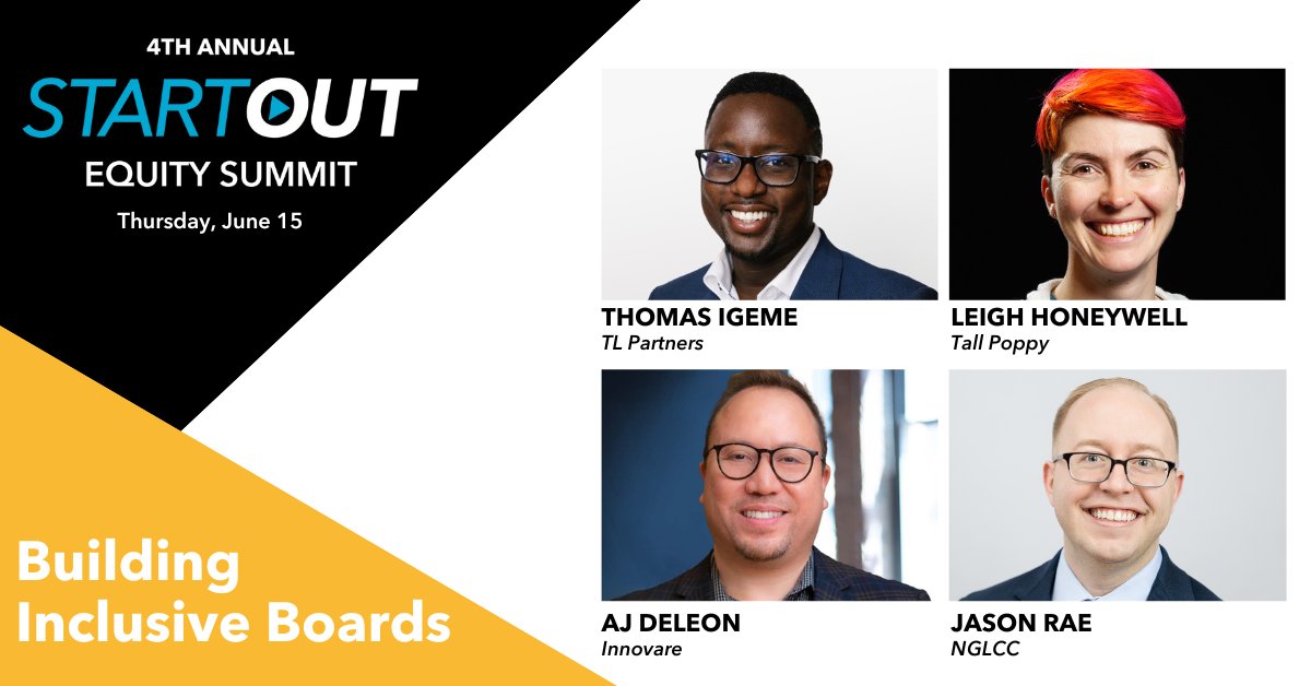 StartOut's tweet photo. A this year’s StartOut #EquitySummit, we're talking about ‘Building Inclusive Boards’ with @hypatiadotca (@tallpoppyhq), @bordercityboy(@InnovareSIP), @JasonRRae (@NGLCC) and more! 

🏳️‍🌈June 15th >  https://t.co/Sna4MHqpQ4 https://t.co/rOdJdOcJCk