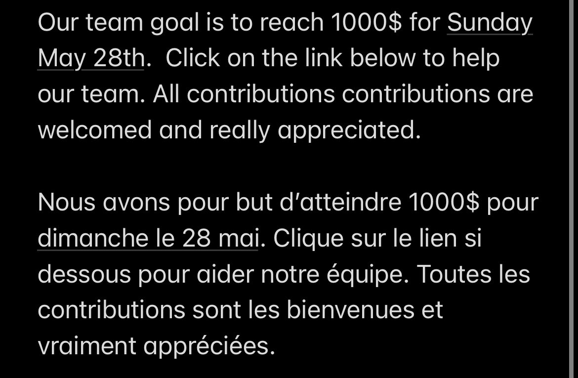 Help our team reach our goal of 1000$ for #MultipleSclerosis 

Aider notre équipe à atteindre le 1000$ en donnant pour la #ScléroseenPlaques

msspwalk.donordrive.com/index.cfm?fuse…