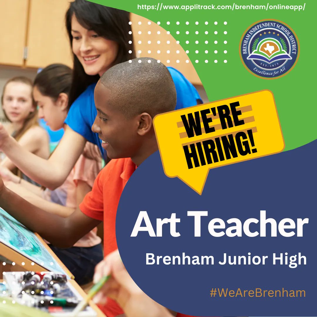 Brenham Junior High is hiring for an Art Teacher! Find out more about available positions by visiting buff.ly/3dTyjoZ. <a href="/BrenhamISD/">Brenham ISD</a> <a href="/BrenhamJHS/">Brenham Junior High</a> #WeAreBrenham