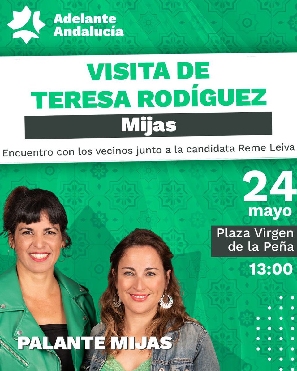 🔉El miércoles tenemos una cita importante‼️

Encuentro con l@s vecin@s en el llano, con la presencia de <a href="/TeresaRodr_/">Teresa Rodríguez 🇵🇸 ۞</a>  nuestra candidata a la alcaldía de #Mijas, <a href="/remeleivamoreno/">Reme Leiva ۞ 🇵🇸</a> 

Os esperamos! 💚🤍💚 #palantemijas