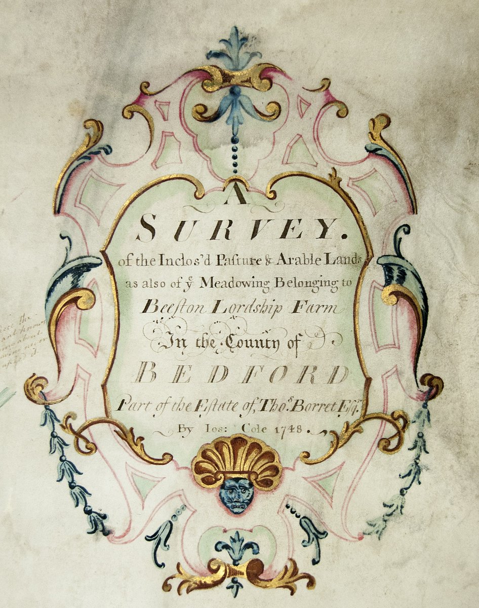 We love the detail on the cartouche and scale of this map of Sandy showing the enclosed arable, pasture and meadow land belonging to Beeston Lordship Farm, 1748 #mapmonday