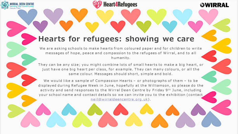FAO teachers, faith leaders and community leaders: in collaboration with @Heart4Refugees and @WirralMEAS we are focussing on the meaning of compassion for Refugee Week 2023 - send some paper hearts to us here at WDC by Wed 14th June, thank you. We are creating a large display.