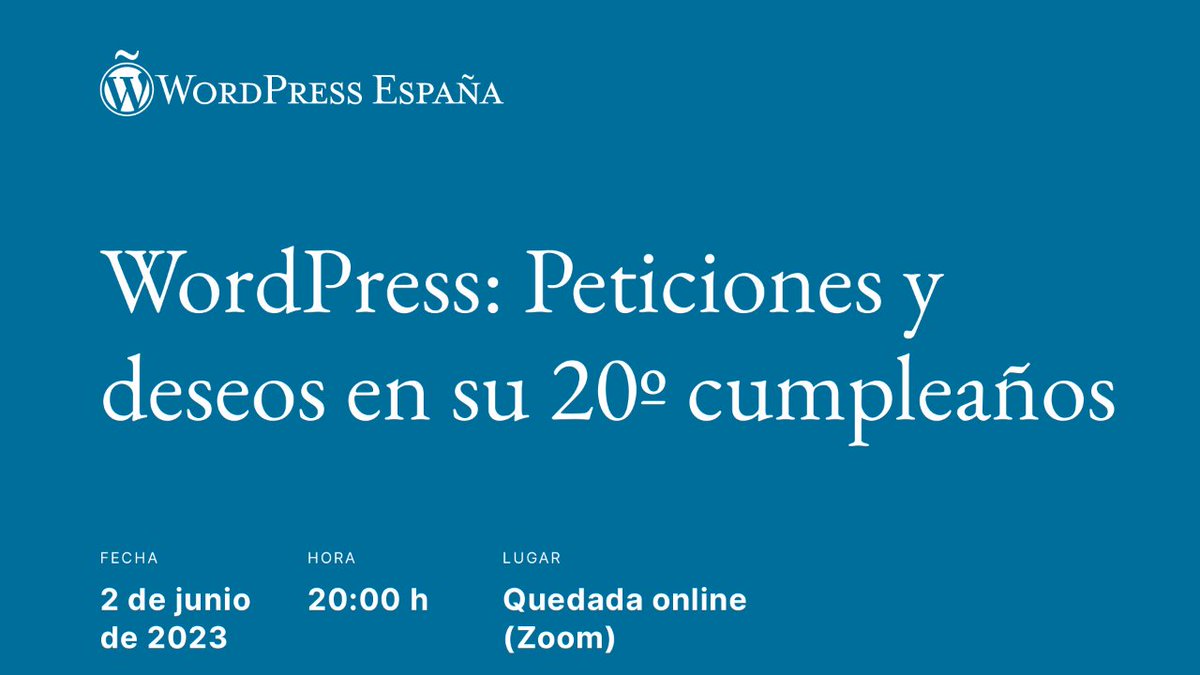 🎂 ¡WordPress cumple 20 años! 🎉

Queremos compartirlo juntos el 2 de junio en una quedada online para pedir deseos para WordPress, ¿tú qué le pedirías? Multilingual, colaboración… Únete a esta charla dónde valoraremos la trayectoria de estos años y los deseos para los próximos.