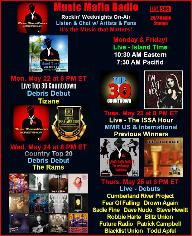 MusicMafiaRadio's tweet photo. This week on MMR 🎵 
#IslandTime Mon &amp; Fri 10:30am  
M 8pm ET - Top 30 #DebrisDebut @TizaneMusic 
T 8pm - The #ISSAHour!  
W 8pm - Country Top20 #Debut #TheRamsBandOfficial 
Th 8pm - New Music! 
🎧 https://t.co/mcXzFt2l3F https://t.co/H09iePKHUM
