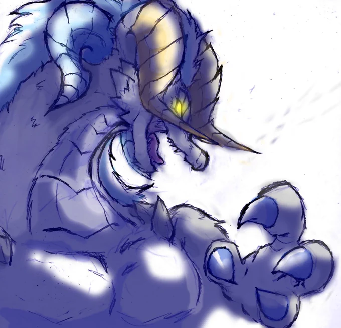 #リプ来たキャラの顔だけ描く   なんとか完成～  海月さん(  )リクで  「コンパス」の、ぶれいずどらごん!  ひらがなが正規の名前なのちょっとわらっちゃったけど、キャラそのものは多角正統派ドラゴンだから、ちゃんと描けたかちょっと不安だ～、迫力ある感じにしてみたかったんだけど