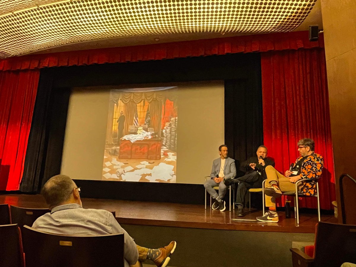 TonkaOBrien's tweet photo. On Sunday, May 21st, Edel Rodriguez and I spoke before an audience at the annual gathering of @SND at the Museum of Art and Design in NYC, moderated by Tim Ball of Politico. We were there to discuss human artists, the power of collaboration, and the value illustrators offer... https://t.co/FN2Lo6E37V
