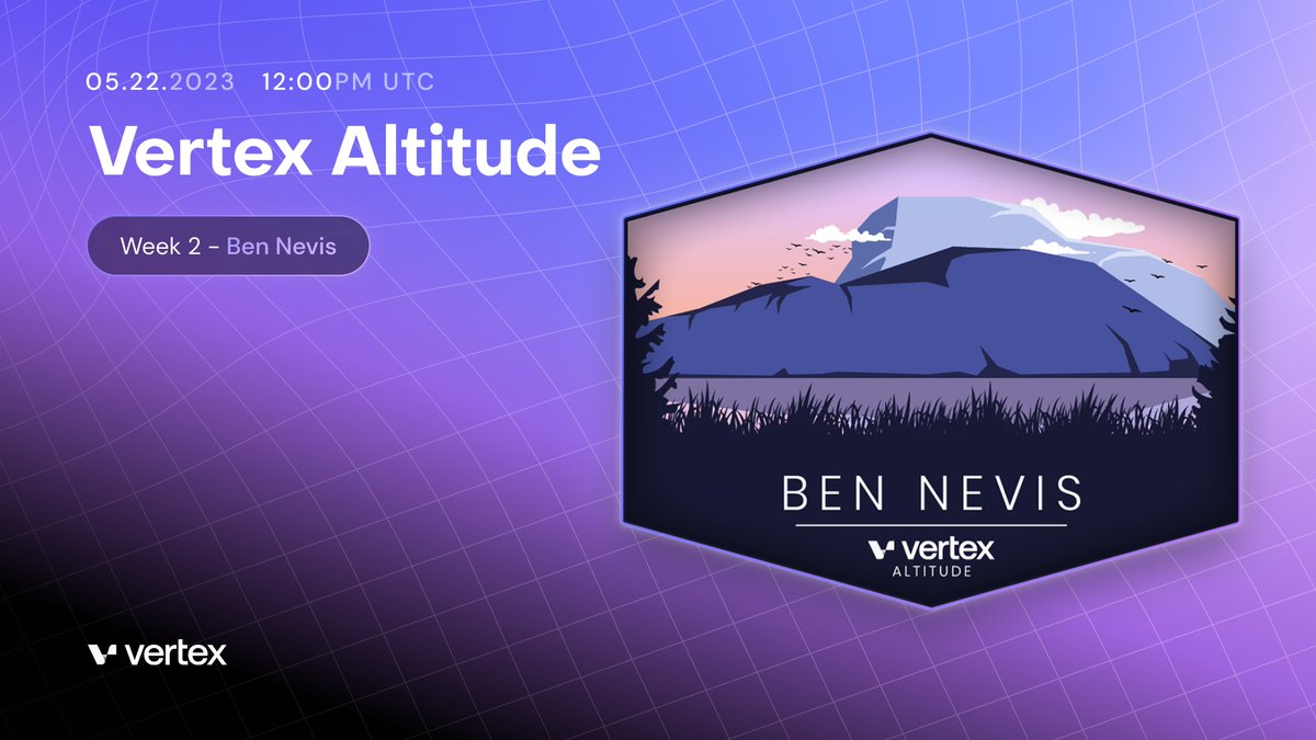 vertex_protocol's tweet image. 1/ Vertex Altitude: Week 2 is Live 🏔️

Join us at Ben Nevis and complete on-chain tasks to earn an NFT!

Volumooors will be taking on Vertex’s Perp markets - are you Long 📈 or Short 📉 anon?

Get started here: bit.ly/438XITg