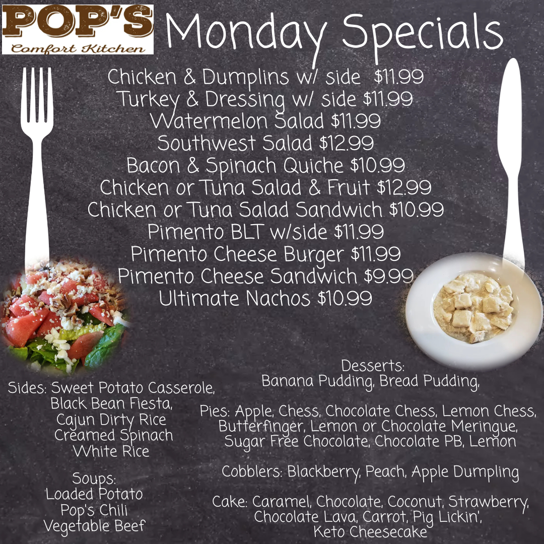 Start your week off with your favorite dish at POP'S!

#mondayspecials #chickendumplings #turkeydressing #salads #sandwiches #catfish #fish #steaks #comfortfood #homecooking #901eats #memphiseat #ediblememphis #ilovememphisfood #ilovememphisblog

 PopsComfortKitchen.com