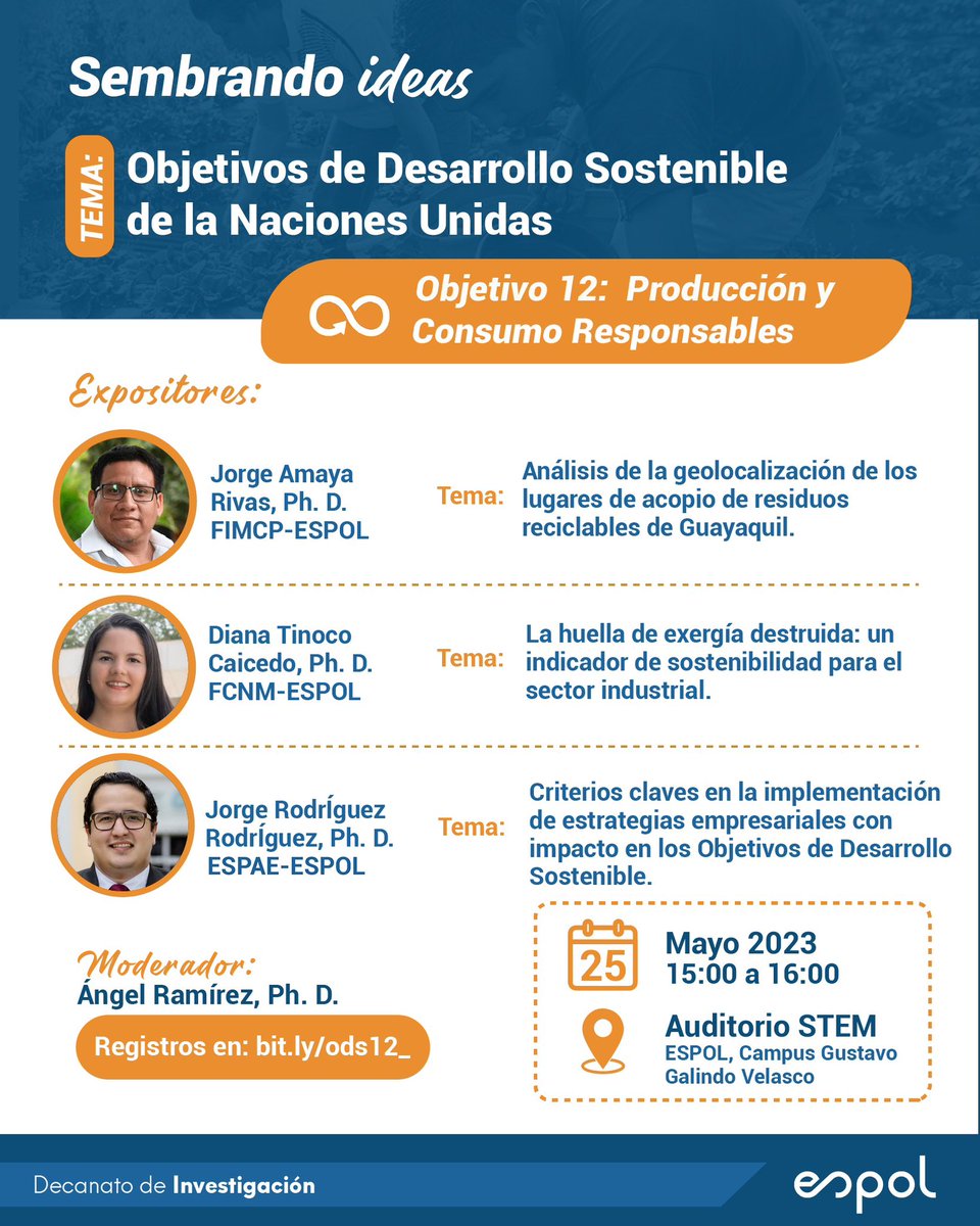 Únete a nosotros en el evento Sembrando ideas, enfocado en el ODS 12, para explorar estrategias innovadoras y sostenibles.

🗓️ Jueves 25 de mayo de 2023
⏰ 15:00 - 16:00
📍 Lugar: STEM (presencial)

¡Te esperamos! 
Registros 👉🏻 forms.gle/qoXZJggYb8icCV…

#ESPOLesCiencia
#ODS12