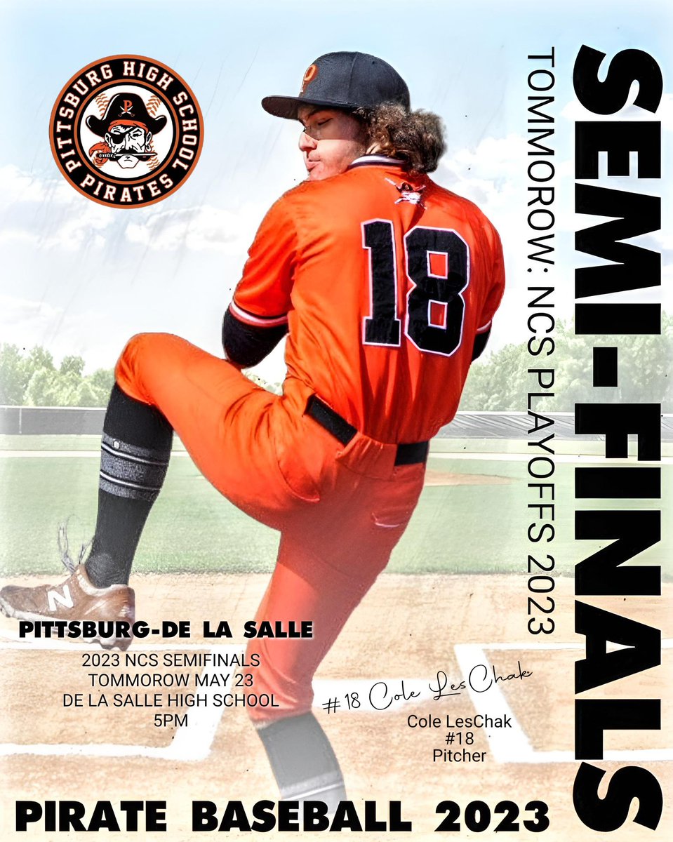 jimlewpittsburg's tweet photo. Pirate Baseball 2023 NCS Semifinals: This Tuesday May 23, Your Hometown Pittsburg Pirates Travel to De La Salle High School Concord to take on the De La Salle Spartans In the 2023 NCS Semifinals 5pm Start #98yearsofwinning #HoistTheColors #piratebaseball #baseball #baseballlife https://t.co/h5xunpZYEZ