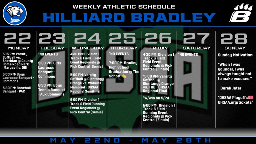 🗓️ | HB Athletics Weekly Schedule (5/22-5/28) 🐆 • 🎟️🎟️: OHSAA.org/tickets @HBJagsoftball @runjaguars