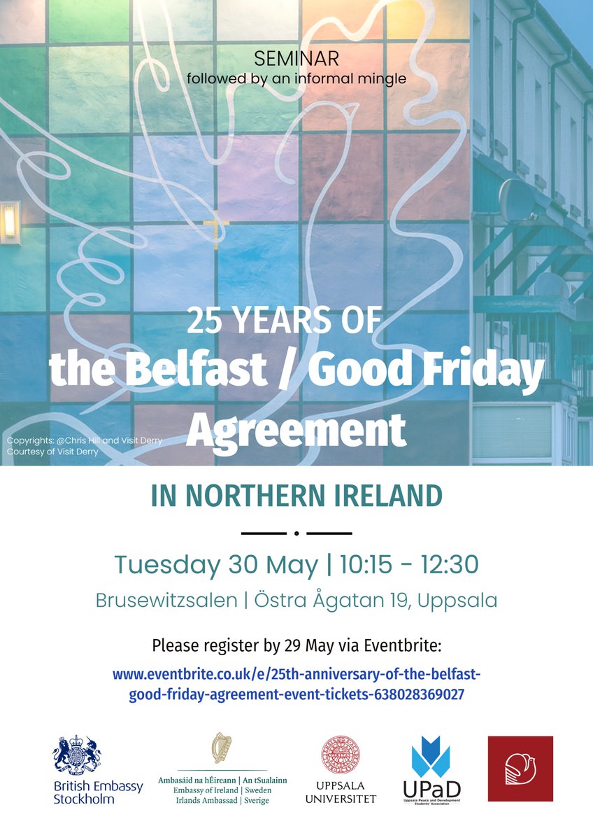 ashoswai: RT @UU_Peace: Join @UU_Peace, @IrishEmbSweden & @UKinSweden in celebrating 25 years of peace in Northern Ireland! 🕊️🎉 

Don't miss our seminar on May 30th in Uppsala, commemorating the #GoodFridayAgreement

Read more and register here: …