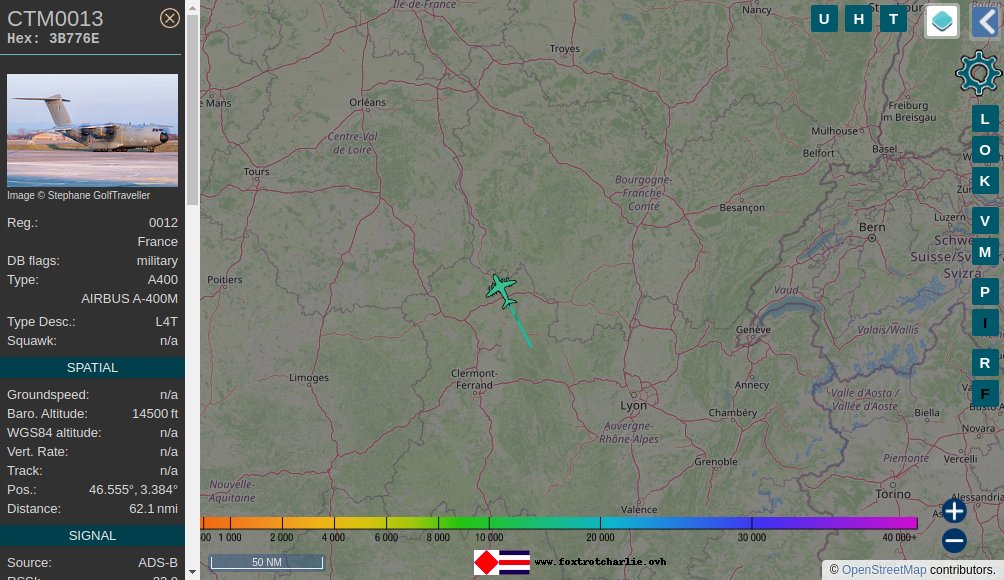 #FrenchAirForce #Airbus Military A400M 🛬 descending over #Lapalisse, #France at 16475ft at 372.1mph heading NW with tail 0012 ident CTM2019 ICAO code 3B776E #France #FoxtrotCharlie #ADSB 📡 #RaspberryPi #tar1090 foxtrotcharlie.ovh/todaymil