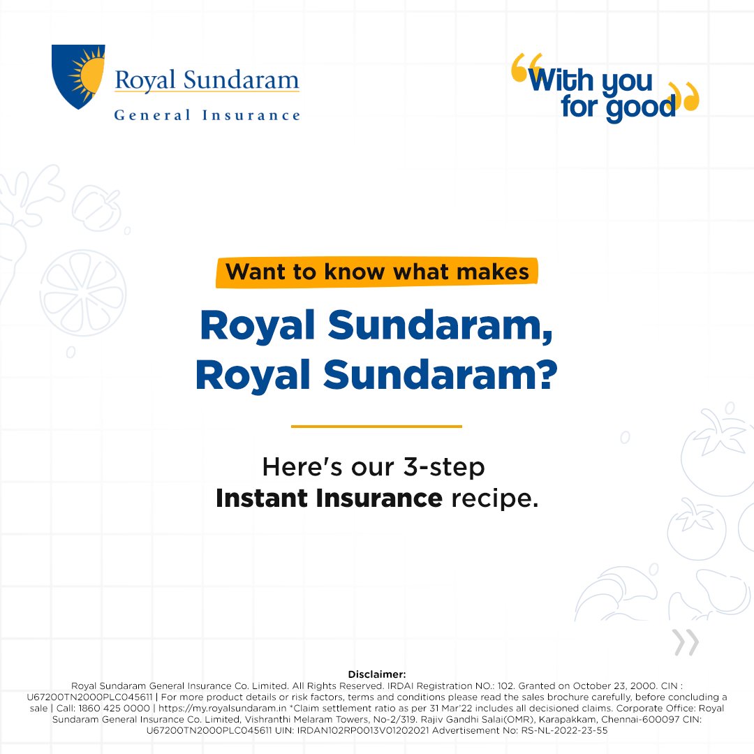 royalsundaram's tweet image. Discover the recipe for success at Royal Sundaram, where we've perfected the art of instant health insurance.

#RoyalSundaramGeneralInsurance #WithYouForGood #InstantInsurance