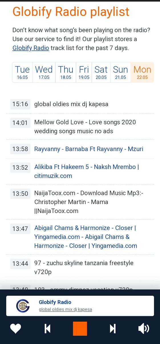 GlobifyTz's tweet photo. #KnowGlobify
Kitu cha kipekee unapokuwa unasikiliza Globify Radio ni uwezo wa kuijua playlist ya Dj. yaani unaweza kufuatilia playlist ya siku 7 nyuma mpaka muda huo unapoisikiliza.
Hii inakupa urahisi wa kutokupoteza session flani
mfano sahizi zinapigwa ngoma za zamani duniani https://t.co/xnCtQ7a8dE