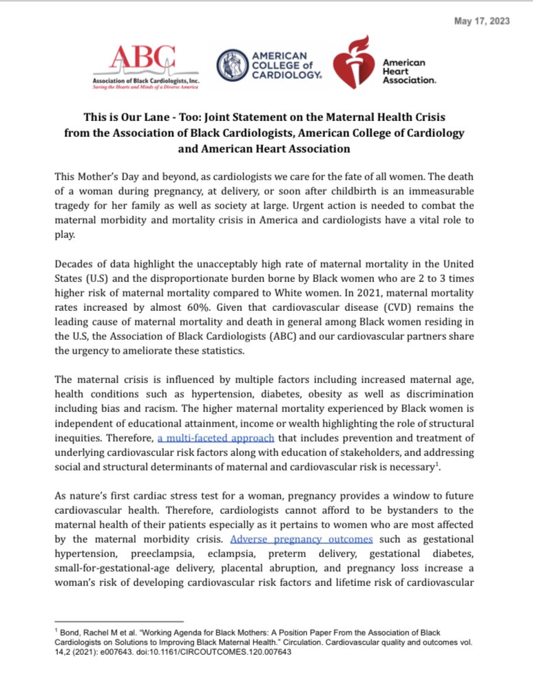 DrRachelMBond's tweet photo. AND check out the joint statement from @ABCardio1 , @American_Heart &amp; @ACCinTouch ! I am honored to volunteer my time with organizations who understand the intersection of maternal health &amp; heart disease &amp; are fighting the good fight right along with clinicians like me 🙏🏽 https://t.co/h8kQGQNQ98