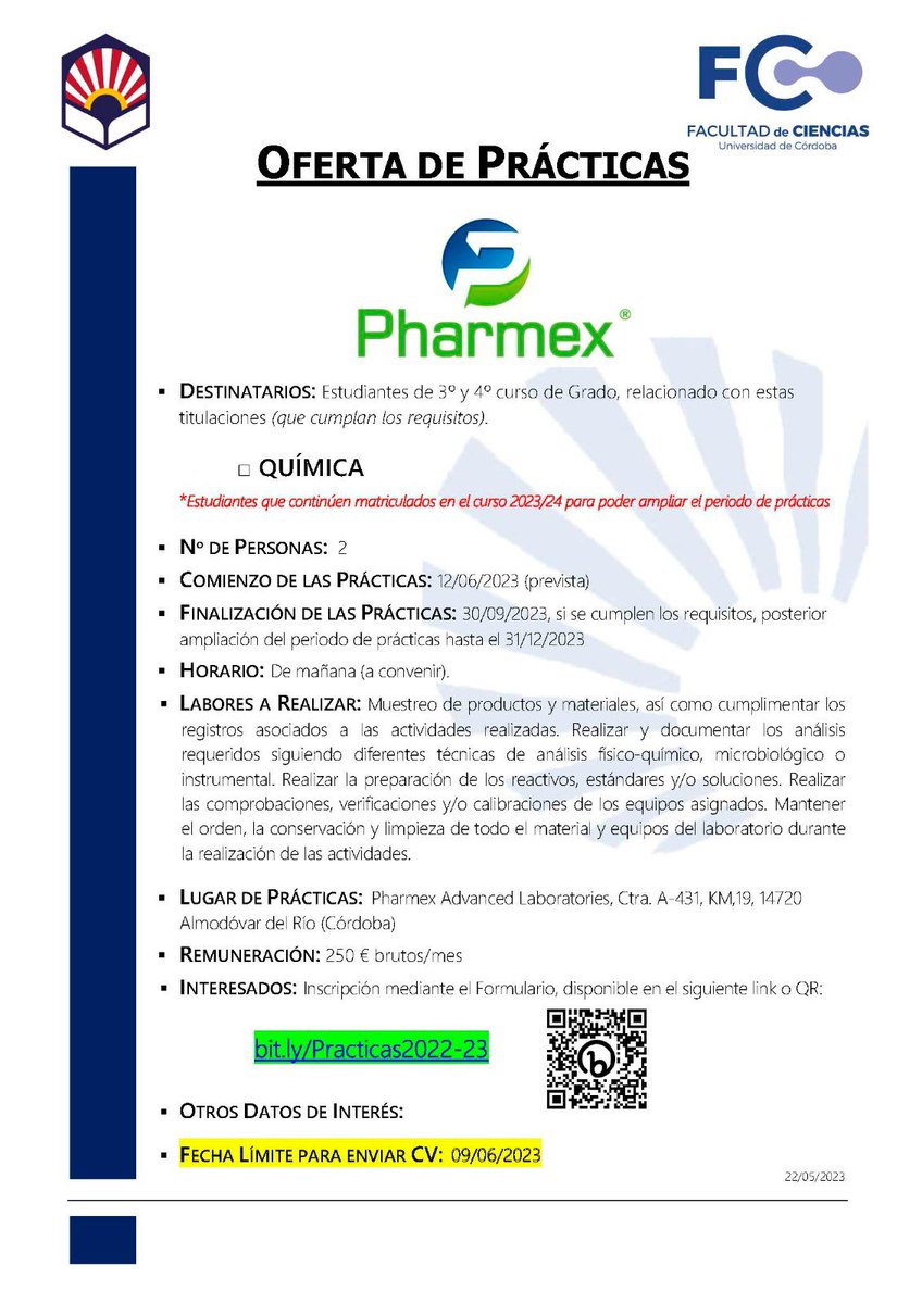 Fac_CienciasUCO's tweet photo. 🗣Oferta de #Prácticas #pharmex
Estudiantes de 3° y 4° curso de Grado relacionado con estas titulaciones: #Química 🧫🧪
Fecha límite de envío 9/06/2023 
https://t.co/fvRJIJXEvD https://t.co/QFaUXYDMzl