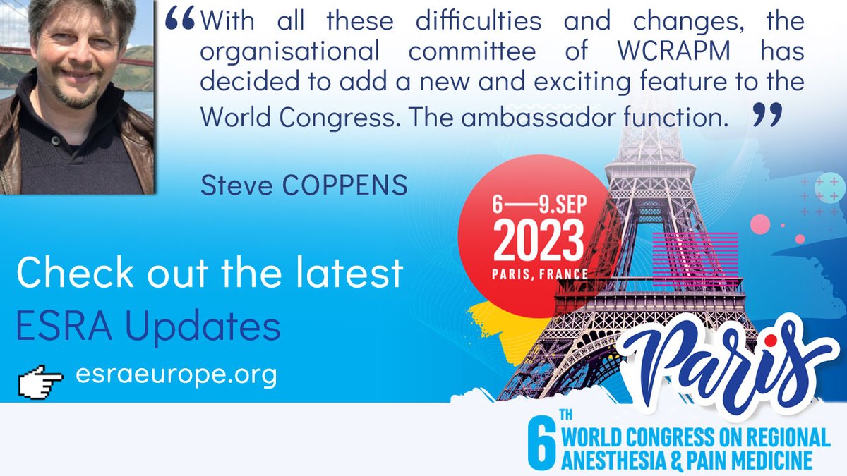 ESRA_Society's tweet photo. #WeHaveTheWorld
In the latest issue of the #ESRAupdates, @Steve_Coppens presents 3 ambassadors of the #ESRAworld2023 ๐ซ๐ท
Each of them will represent their continent on social media before and during the congress, follow them!
๐ฅ @anesthesiadocmd, @BalavenkatSubr1 & @BarrowCeleste https://t.co/dpRZKpMGDc