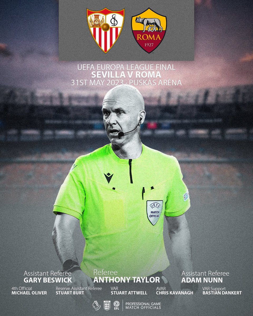🏆 Anthony Taylor will lead a team comprising of 7️⃣ English match officials in the #UELfinal between and <a href="/SevillaFC_ENG/">Sevilla FC</a> and <a href="/ASRomaEN/">AS Roma English</a>.