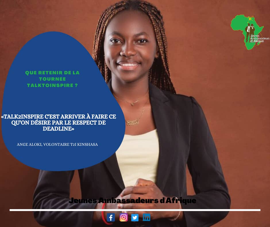 JeunesAmbassAfr's tweet photo. Pour AngeAloki "Talktoinspire c'est arriver faire ce qu'on désire par le respect de deadline ".
Et pour toi ? Que représente Talktoinspire ?
Ton avis compte !!!
#JAA #Talktoinspire #Inspire https://t.co/zmnrEcnWmz