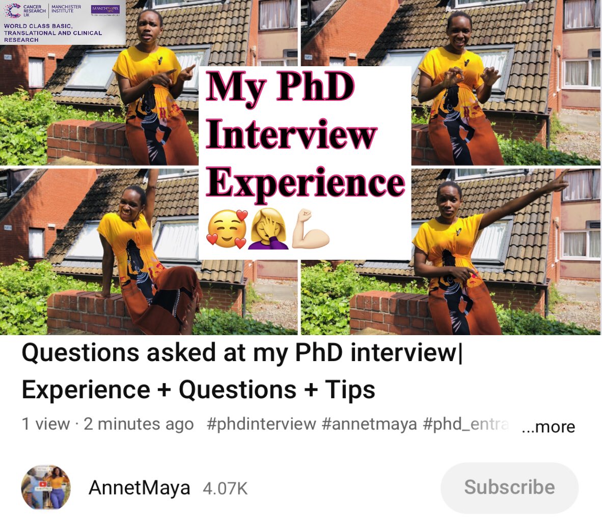 AnnetNakkazi1's tweet photo. For students preparing for interviews, here are all the questions I got asked. You may learn something from my experience!
Video Link: https://t.co/qs75v0fkYc
Goodluck!
#PhDinterview #Manchesteruniversity #students #experience #interview https://t.co/j6sPcGF7Pm
