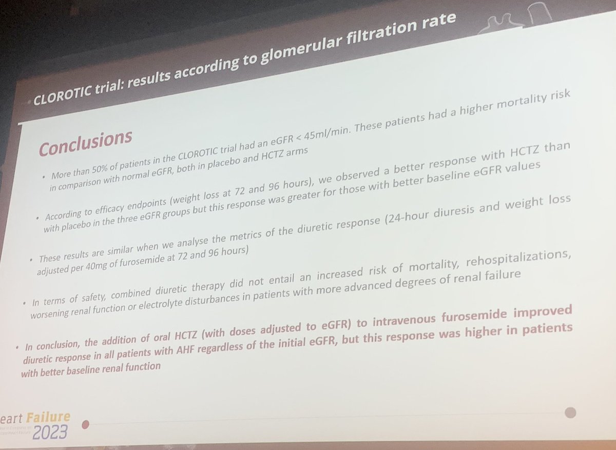 🆕CLOROTIC: Se mantiene la mayor descongestión y ⬇️peso en los pacientes con furosemida+HCTZ Vs furosemida independientemente del FG ( a <FG sólo se atenúa el efecto).
<a href="/jc_trullas/">Joan Carles Trullàs, MD, PhD</a> <a href="/IcyfaSemi/">@ICyFA-SEMI</a> <a href="/Sociedad_SEMI/">Sociedad Española de Medicina Interna (SEMI)</a> <a href="/FormigaFrancesc/">Francesc Formiga🐜</a> <a href="/jopesilver/">José Pérez Silvestre</a> <a href="/JesusCasado20/">Jesus Casado</a> <a href="/paullaceriborra/">Pau Llàcer</a> <a href="/cistatin/">JLMorales</a>
