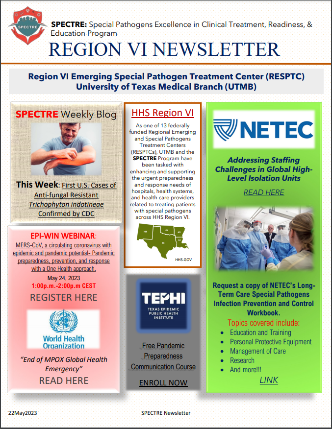 UTMB_SPECTRE's tweet photo. HOT OFF THE PRESS!!! SPECTRE'S latest newsletter is here! #viral #virus #spectre #infectiousdisease #specialpathogen #aspr #netec #infectioncontrol
https://t.co/RdsbI3Nv67 https://t.co/IxwzAQhluu