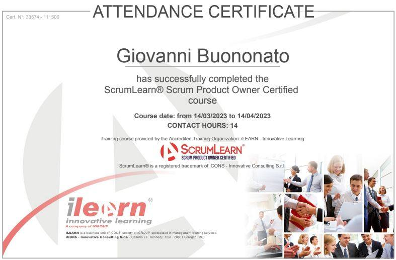 Completato il terzo corso del mio fitto programma di formazione 2023.  Ho acquisito le competenze di "Product Owner", uno dei 3 ruoli previste in SCUM.
SCRUM è un Framework Agile di Project Management per realizzare prodotti di alto valore in ambiti complessi, incerti e volatili.