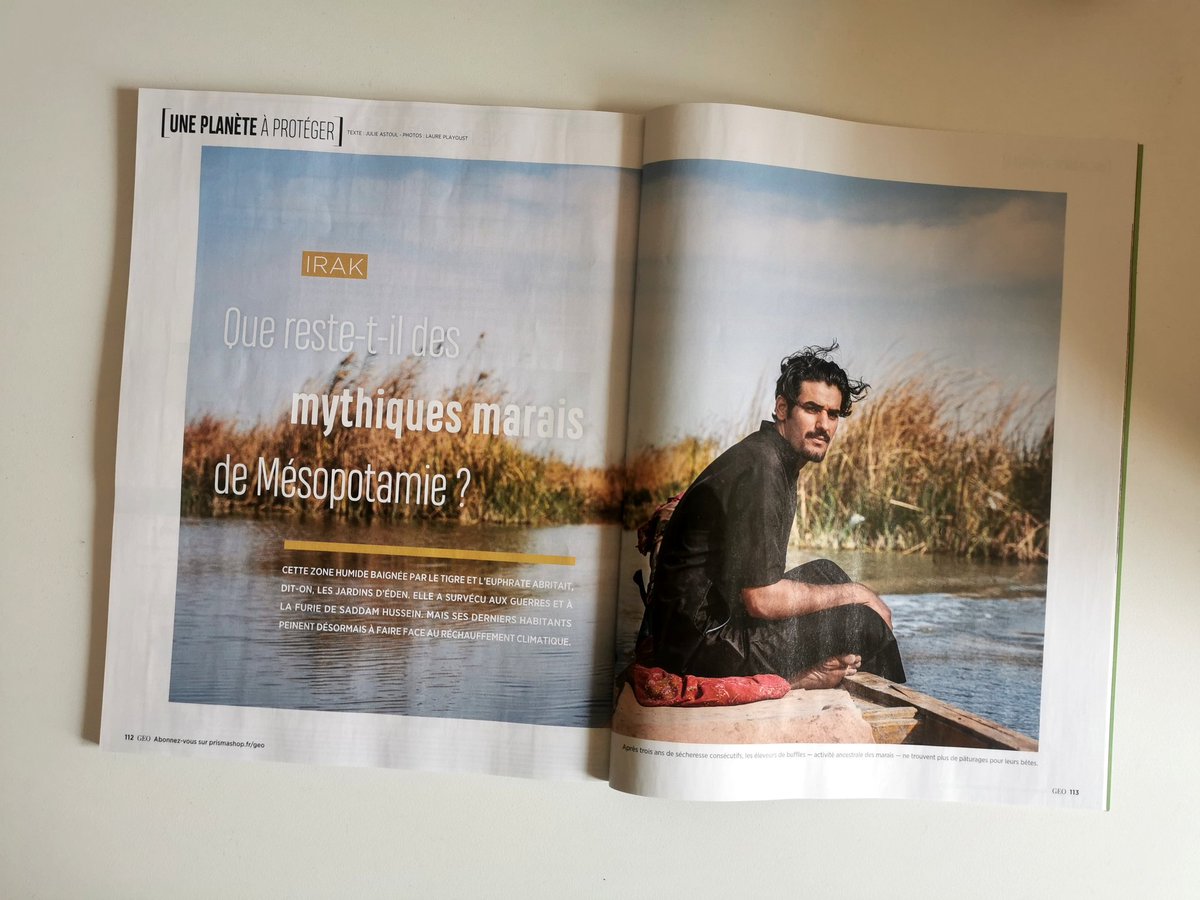 LaurePlayoust's tweet photo. Très heureuse de publier dans Géo Magazine, 16 pages de reportage sur les marais du sud de l'Irak avec @julie.astoul à la ✍️ !

Que reste-t-il des marais de Mésopotamie? Autrefois jardin d’Éden, cette zone humide et ses habitants peinent à faire face au réchauffement climatique. https://t.co/ssO7J8Sq7p