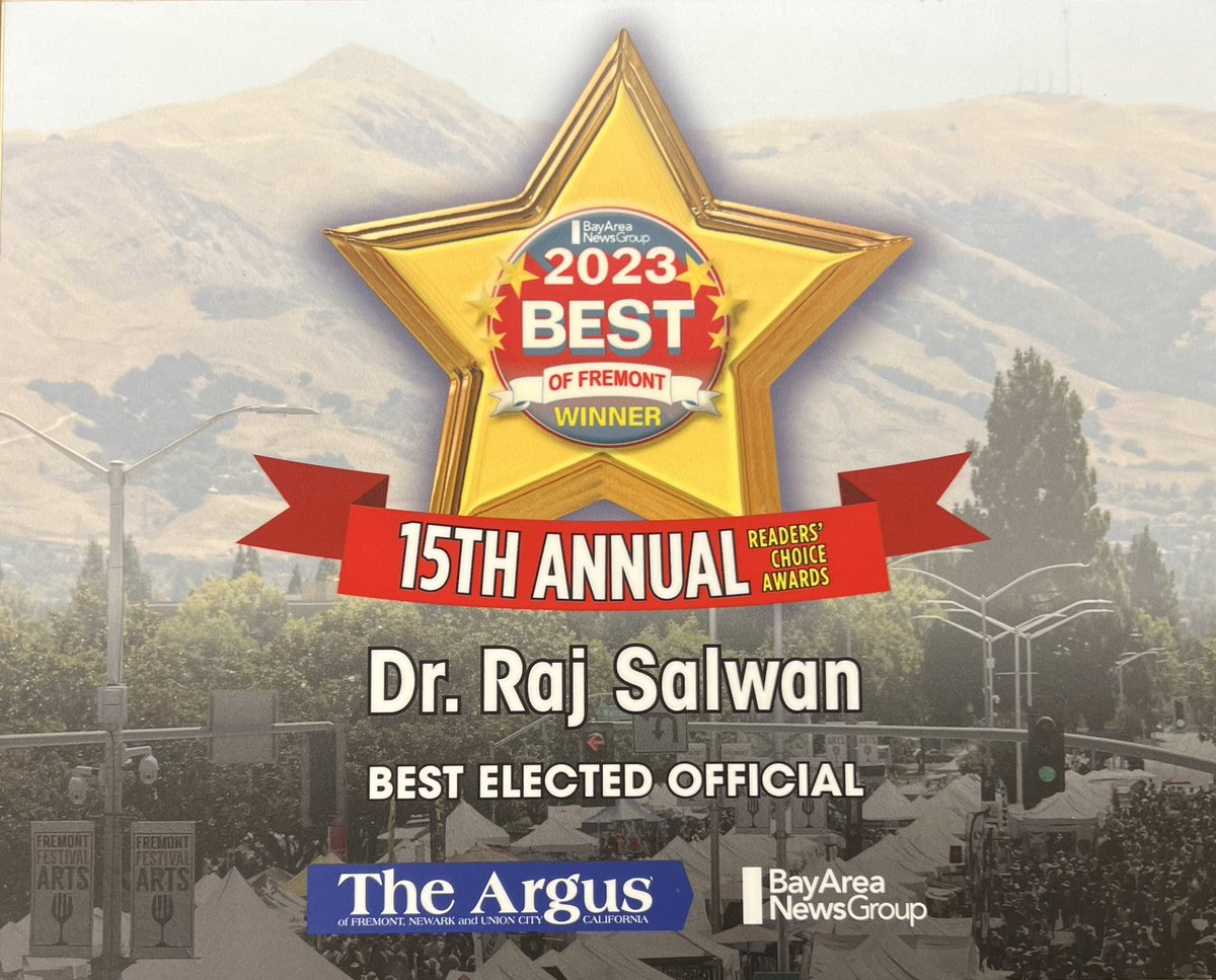 RajSalwan's tweet image. I was honored to be voted as 2023 “Best Elected Official” by the readers of the Bay Area News Group. It is an honor and a privilege to serve our Fremont community that has given me so much.