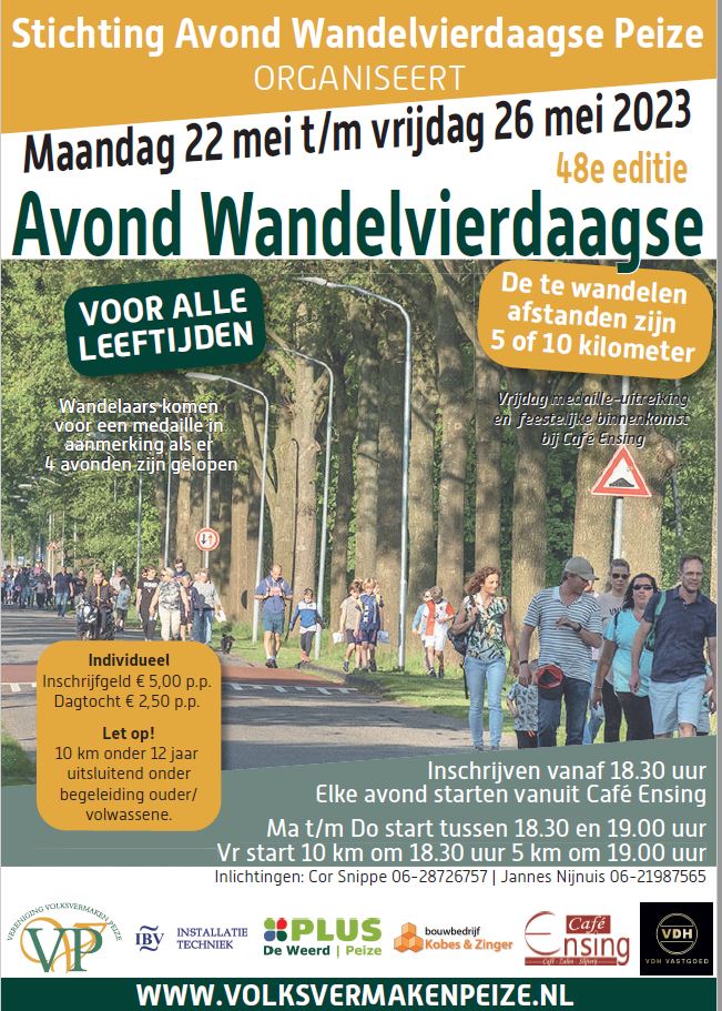 Vanaf vanavond vindt de 48e editie van de Avondwandelvierdaagse Peize plaats.
Inschrijven kan vanaf 18.30 uur in Cafe Ensing.
Voor meer info, zie de poster.
