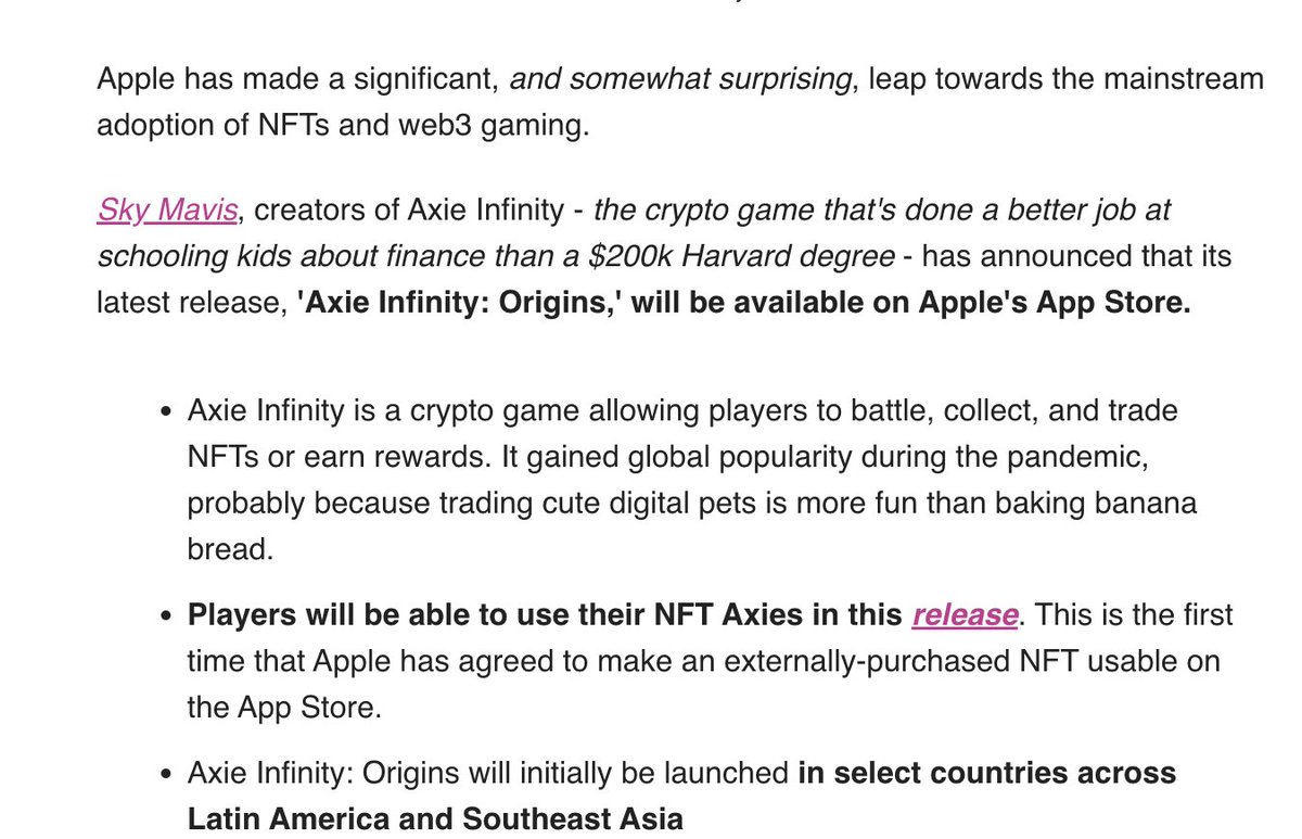 One of the most interesting/unique pieces of coverage on last week's launch:

"Sky Mavis, creators of Axie Infinity - the crypto game that's done a better job at schooling kids about finance than a $200k Harvard degree - has announced that its latest release, 'Axie Infinity: