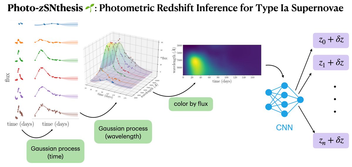 Can we infer redshift from supernova photometry alone? Introducing Photo-zSNthesis🌱, a deep learning-based approach for type Ia supernova redshift inference. We show >5x improvement on real data over existing SN photo-z approaches! arxiv.org/abs/2305.11869, 🧵 1/5