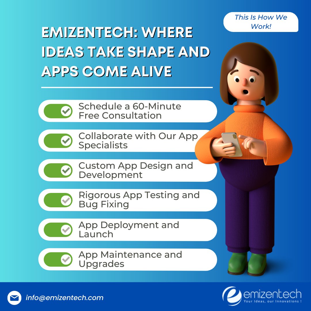 EmizenTech's tweet image. Transform your vision into reality with Emizentech Our team of app specialists is here to collaborate with you and bring your ideas to life. From #customapp design and development to rigorous testing and bug fixing, we ensure a seamless user experience
lnkd.in/gJYDytJS