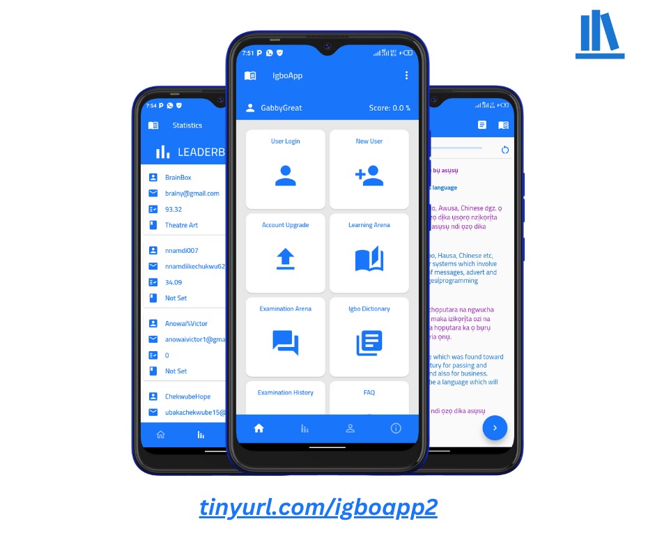 IgboApp has the following features 

A voice read-along helper🔊🔊, Past questions📚📚, A translation of the university-wide recommended novel📑📑, An online English to Igbo Translator⤵️⤵️, An online Igbo to English translator⤴️⤴️....and soooo many more

tinyurl.com/igboapp2