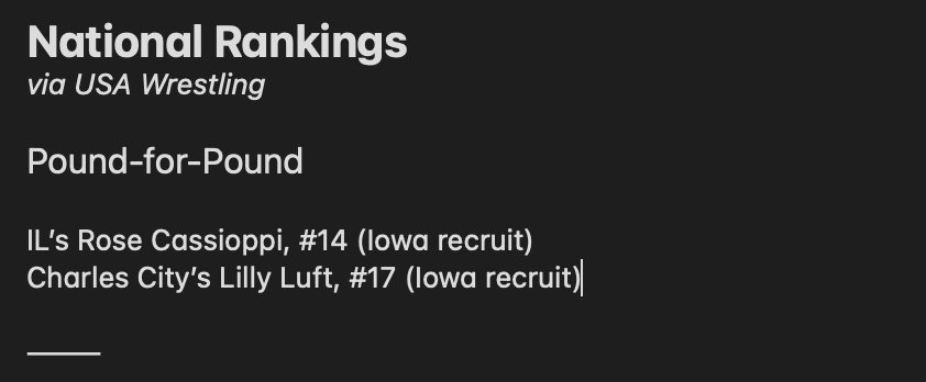 codygoodwin's tweet photo. Counted 16 from #iahswr in USAW's latest HS Girls Rankings.

– Lilly Luft is now #1 in the nation at 138lbs
– 5 incoming Hawkeye recruits were included
– 16 wrestlers are from 14 different Iowa schools
– SE Polk + Waverly-SR both have 2 girls ranked

More here ⬇️⬇️⬇️ https://t.co/Wa5b4JJVXo