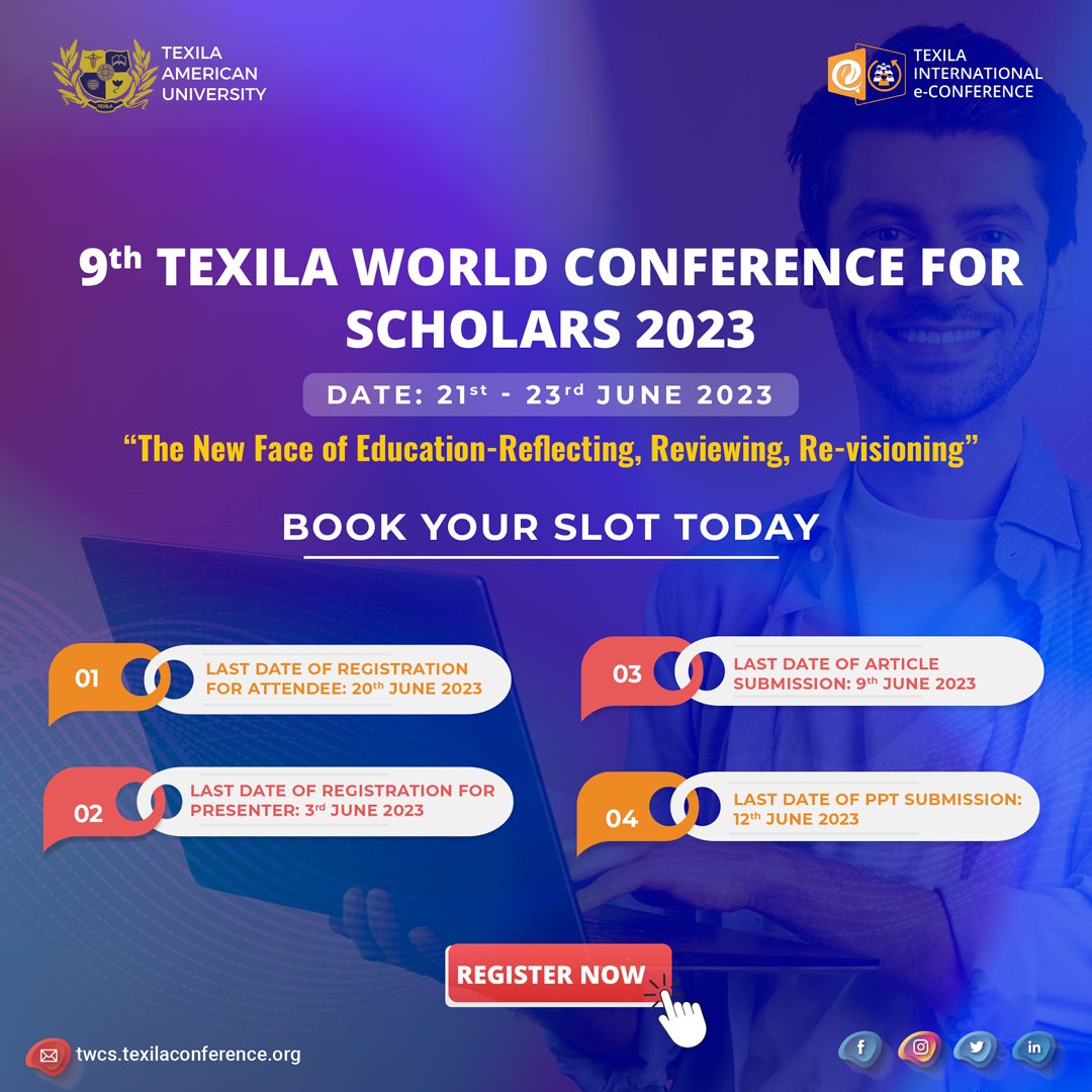 TAUEConference's tweet photo. Book your slots today and visualize the largest academic virtual conference for Scholars!

Register Now: https://t.co/mKWTlEnDHw

#TWCS #InternationalConference #AcademicConference #TexilaeConference #TexilaWorldConferenceforScholars #Conference #Research #TexilaeConference2023 https://t.co/eSVX9xQlST