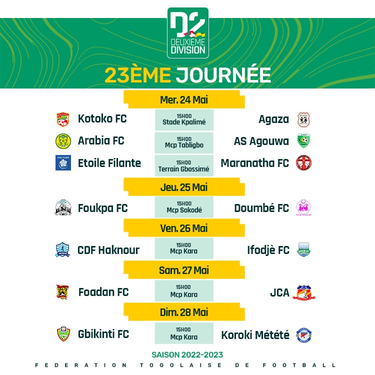 FtfTogolaise's tweet photo. 🟥#D2TOGOLAISE🇹🇬

➡️Programme de la 23ème journée https://t.co/DhHwzBhNe1