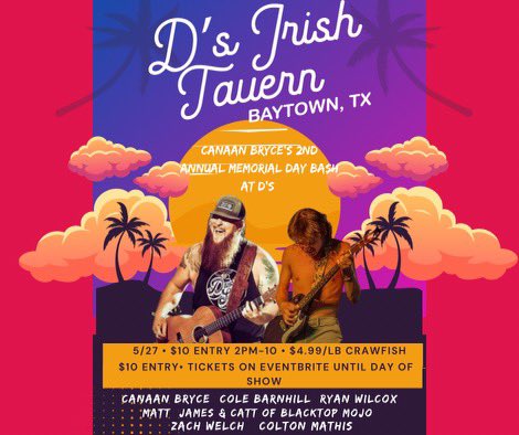 Who’s ready for @canaanbryce’s 2nd annual Memorial Day Bash this Saturday with some great guys joining him to play some great Texas music such as @ColeBarnhill_, @ryanwilcoxmusic, Matt and Catt from @BlacktopMojo, @zachwelchmusic, and @ColtonMathisTX!!! $10 tickets!!!