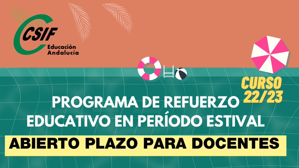 ☀️🏖️ PROGRAMA DE REFUERZO EDUCATIVO EN PERÍODO ESTIVAL - CURSO 22/23
📃 Ya puedes presentar tu solicitud como docente
🗓️ Plazo de presentación: Desde el 22 al 30 de mayo ambos inclusive

ℹℹ Más información
cutt.ly/u6YDVs2

🍏 CSIF Educación Andalucía - #StopBurocracia