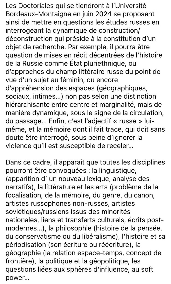 AFR_Russe's tweet photo. 📚 APPEL À COMMUNICATIONS

Septièmes doctoriales en études russes

« REPENSER LES ÉTUDES RUSSES » : Pour un renouveau épistémologique et terminologique

🏛️Université Bordeaux Montaigne, 33607 PESSAC
📆 23-24 mai 2024 (dates et lieu précis à confirmer)

⬇️ détails ⬇️ https://t.co/paCPSrR3rV