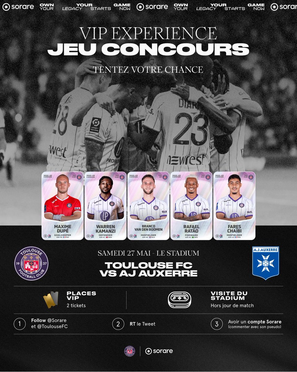 Gagnez des places VIP pour #TFCAJA grâce à notre partenaire 𝙎𝙤𝙧𝙖𝙧𝙚 😊

Pour participer :

📌 Follow <a href="/ToulouseFC/">Toulouse FC</a> et <a href="/Sorare/">Sorare</a>
📌 RT ce Tweet et commente avec ton pseudo Sorare

ℹ️ Il est nécessaire d'avoir un compte pour participer : sorare.com/football

#OwnYourGame