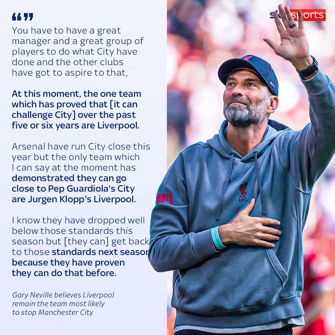 SkySportsPL's tweet image. Gary Neville believes Liverpool remain the team most likely to stop Manchester City's ongoing domination of the Premier League...😬🏆