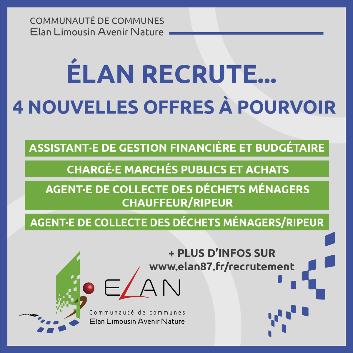 CCElan87's tweet photo. #Recrutement 
La Communauté de communes recrute 👍
➡️ 4 offres sont à pourvoir. 
Plus d'informations : https://t.co/oQv0Ib0Zdx https://t.co/qaBDzNiWfl